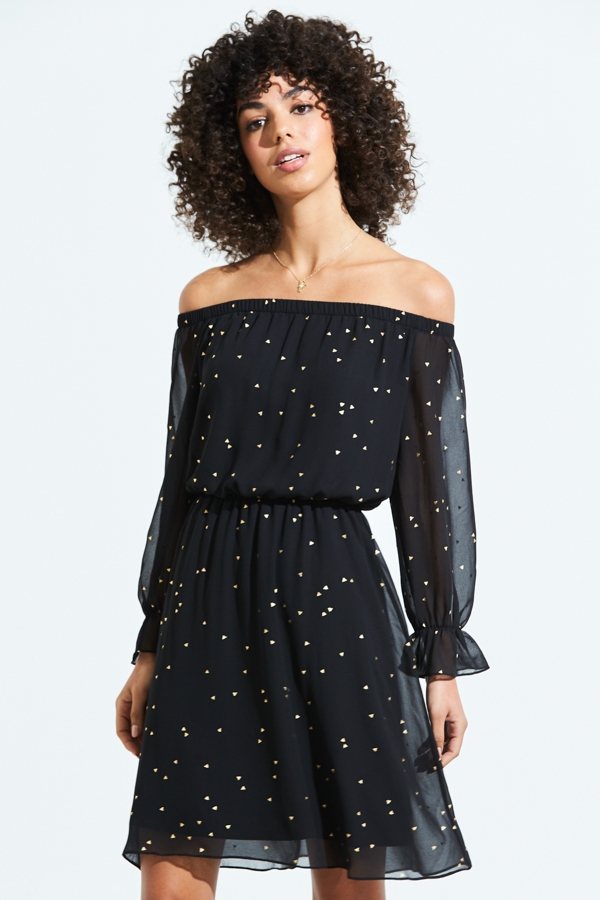Black & Gold Geometric Print Elastic Waist Bardot Dress