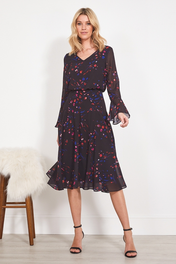 Black Abstract Floral Print Fit & Flare Dress 