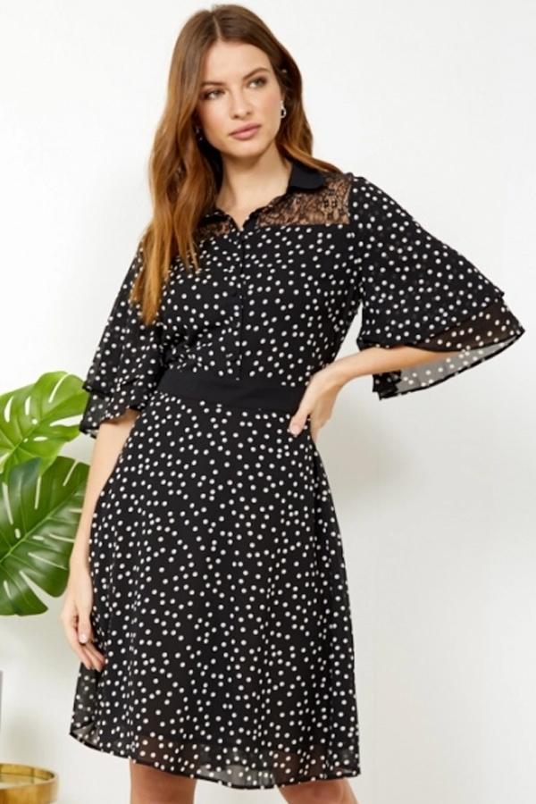 Black Polka Dot Lace Detail Shirt Dress