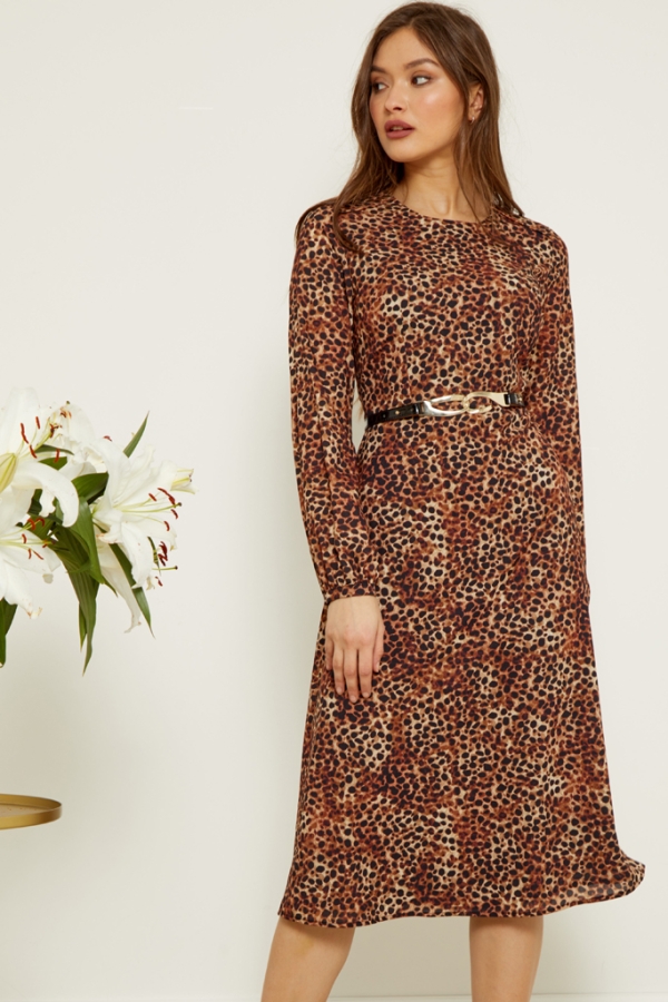 Brown Animal Spot Print Fit & Flare Midi Dress