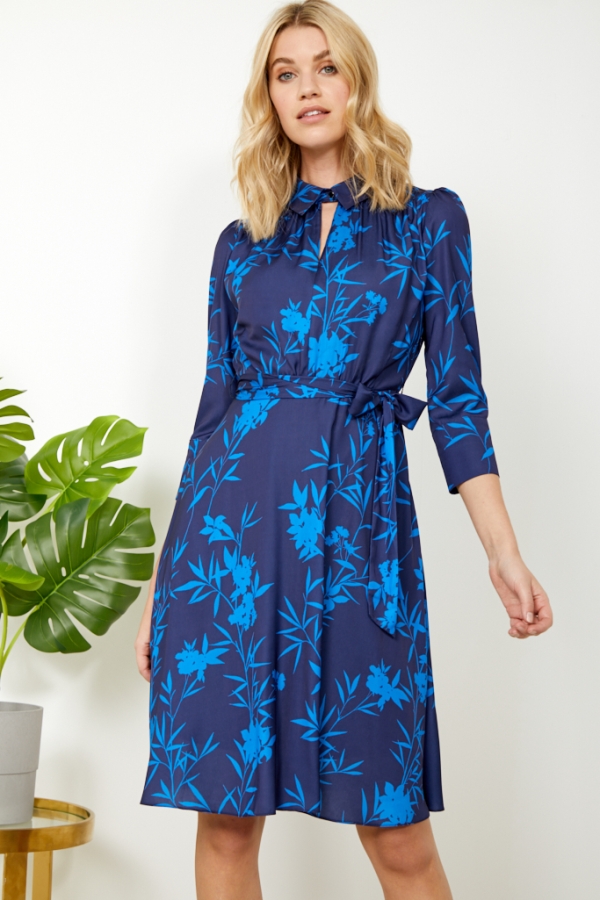 Navy Blue Forest Sprig Collared Fit & Flare Dress
