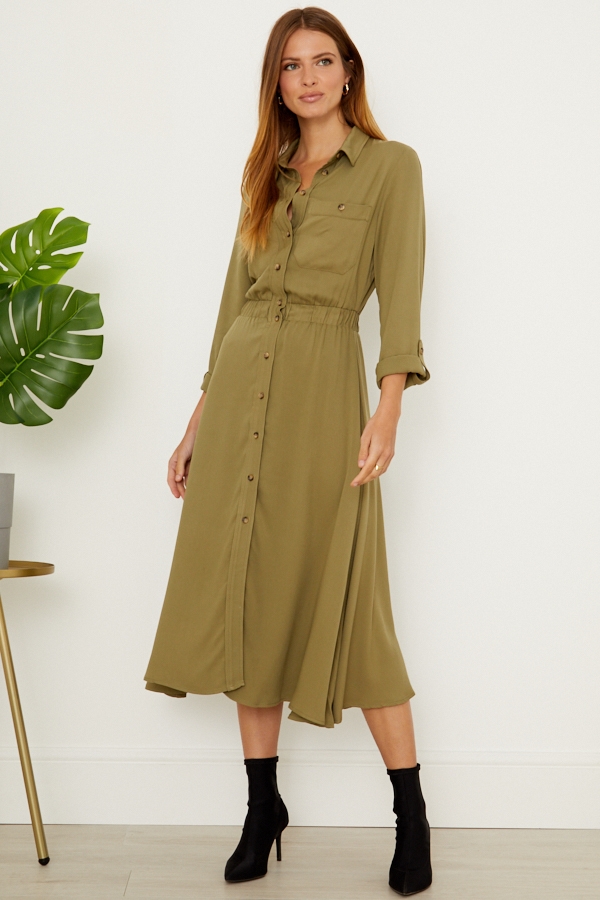 Khaki Stretch Waist Midi Shirt Dress