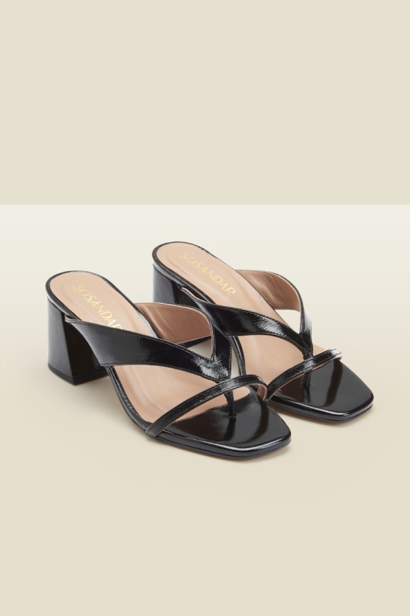Milan Black Patent Leather Mid Heel Sandal 