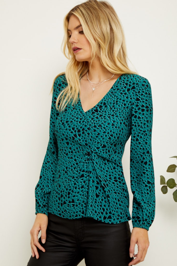 Dark Aqua Heart Print Twist Front Top