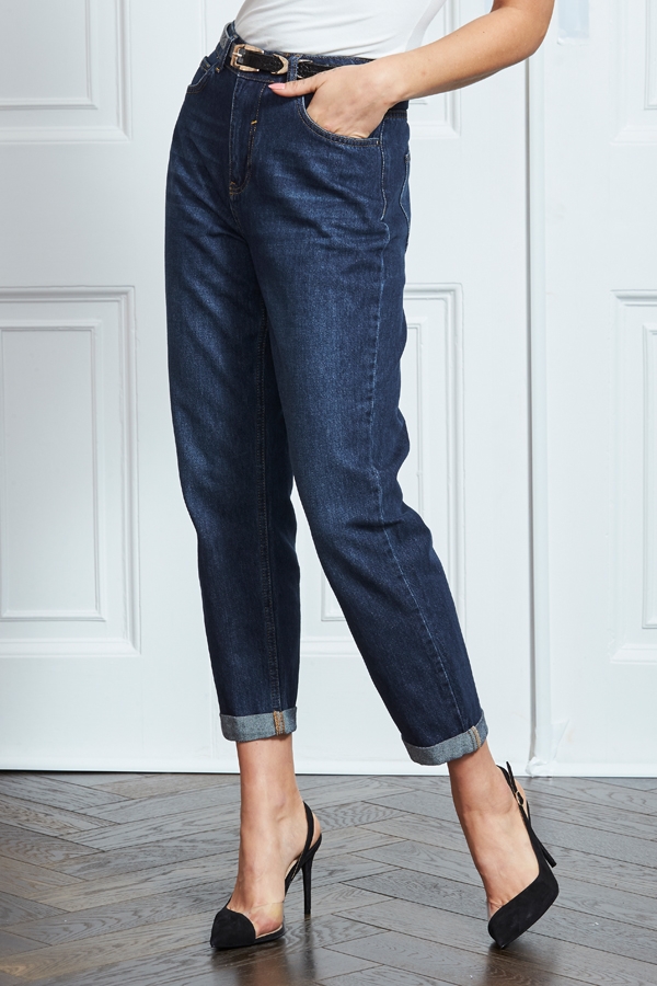 Dark Indigo Denim Relaxed Fit Turn Up Jeans