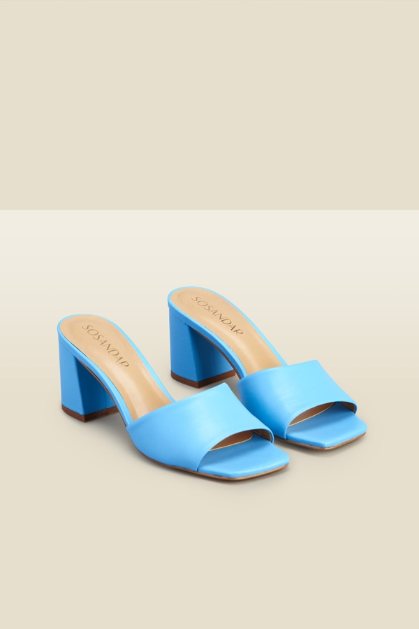 Fern Azure Blue Leather Block Heel Mules