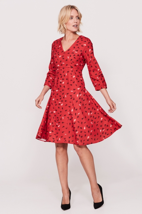 Red Feather Print Fit & Flare Dress