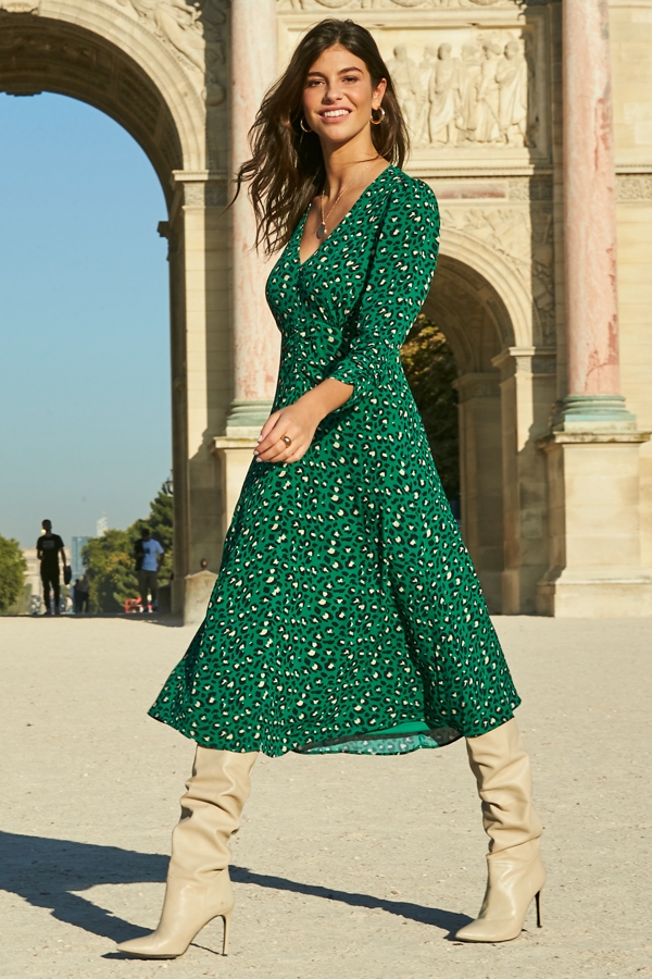 Green Animal Print Ruched Front Midi Dress
