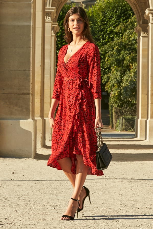 Red & Black Animal Print Ruffle Hem Midi Wrap Dress