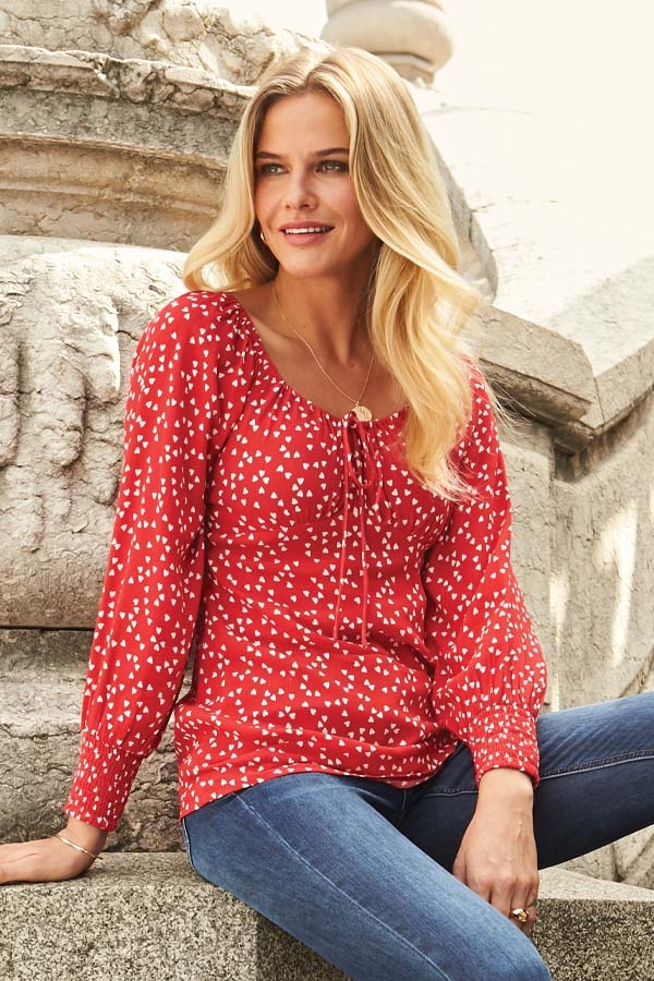 Red & White Cruz Print Tie Neck Top