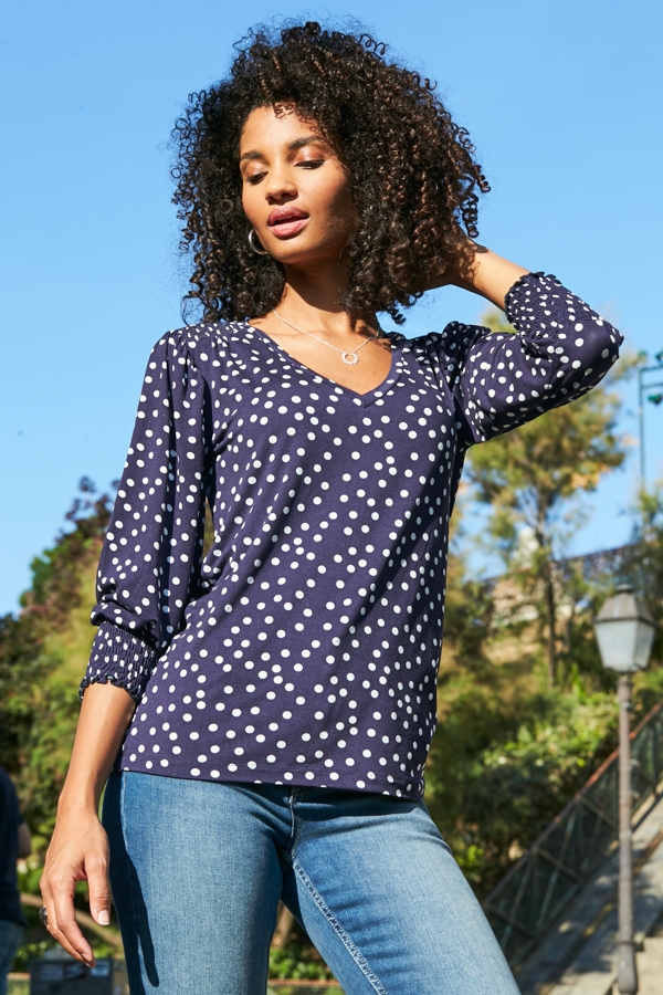 Navy Blue & White Spot Print Shirred Cuff V Neck Jersey Top