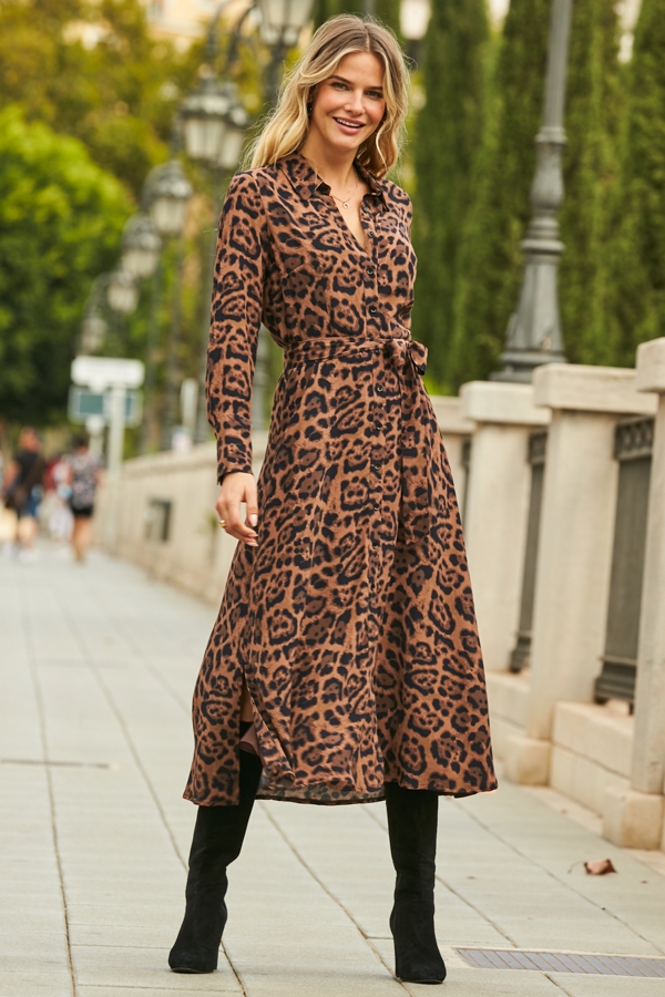 Leopard Print Midi Shirt Dress With Belt