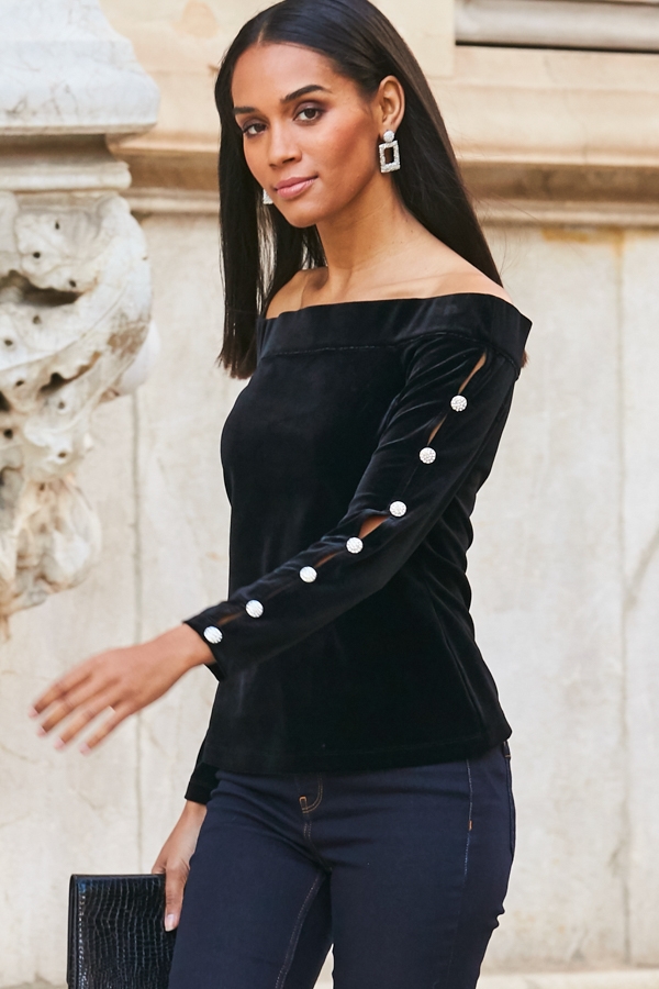 Black Velvet Embellished Sleeve Bardot Top