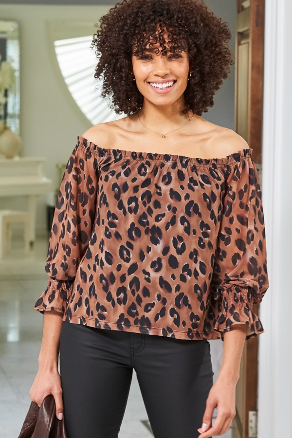 Chocolate Animal Print Sheer Sleeve Bardot Jersey Top
