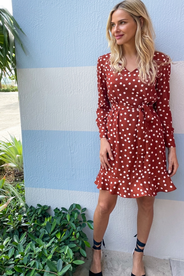 Tuscan Red Polka Dot Belted Shift Dress