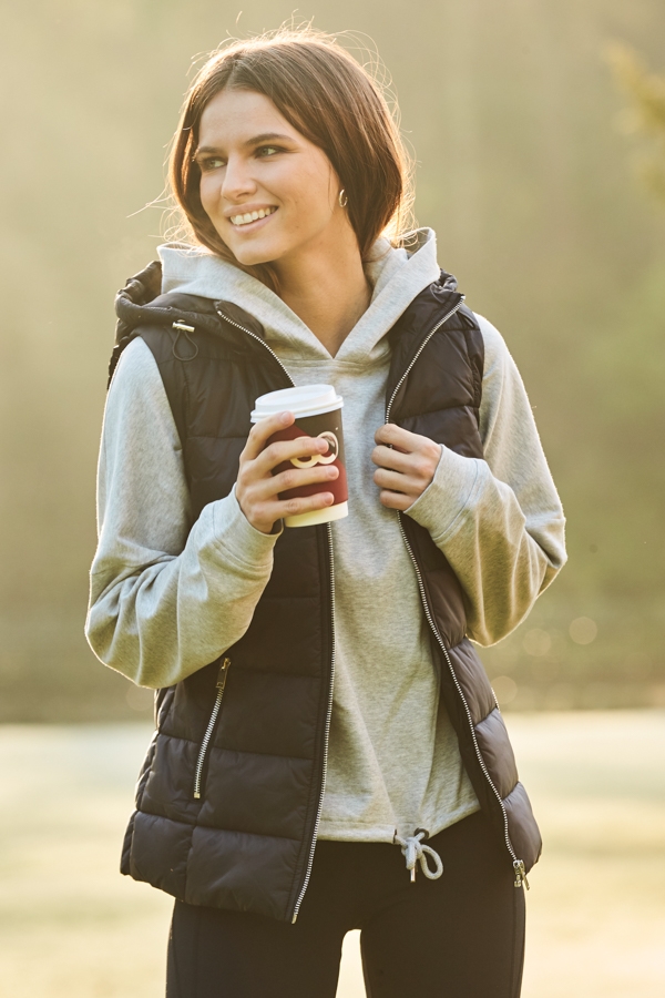 Black Padded Gilet With Zip Pockets & Hood