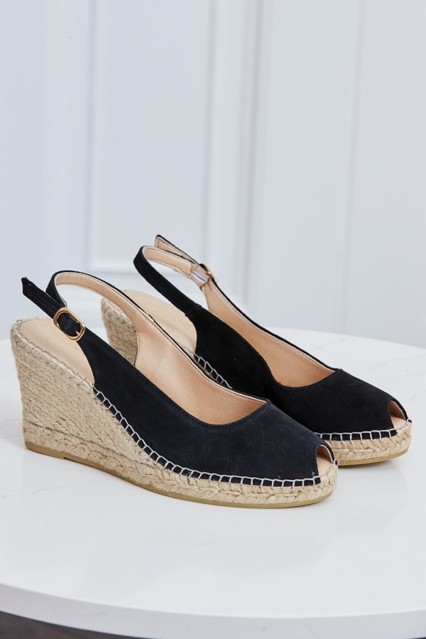 Poppy Black Suede Peep Toe Wedge Espadrille