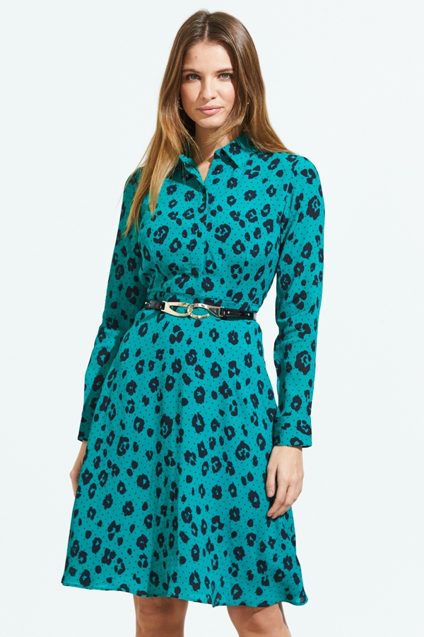 Green & Black Leopard Print Fit & Flare Shirt Dress