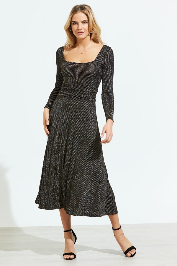 Black & Gold Metallic Stripe Crossover Back Midi Jersey Dress