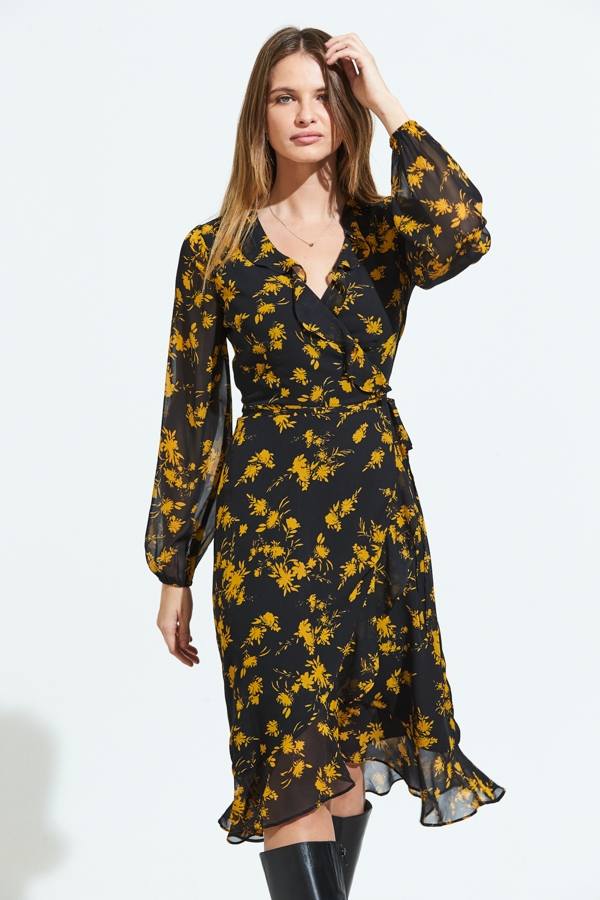 Black & Gold Floral Ruffle Detail Wrap Dress