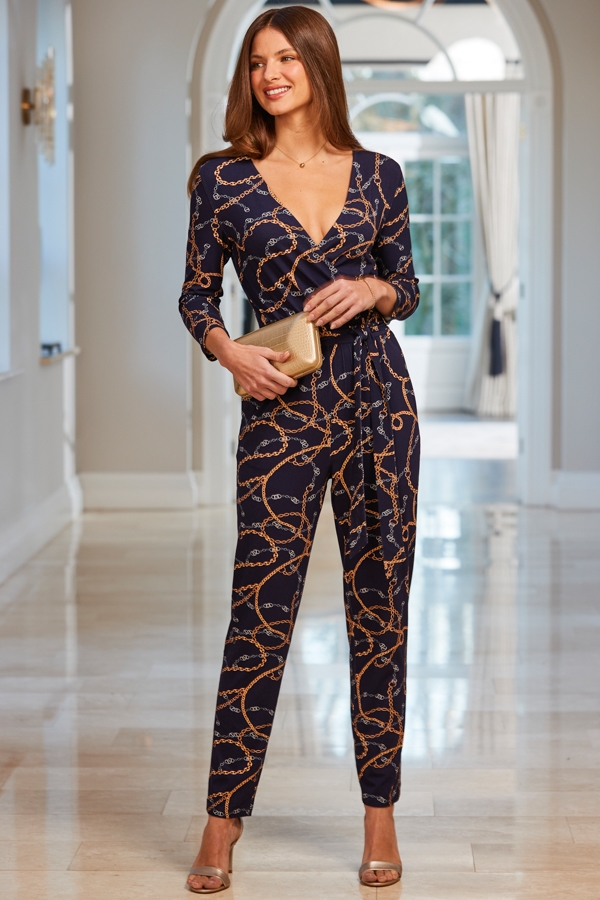 Navy Blue Chain Print Wrap Front Tapered Leg Jumpsuit