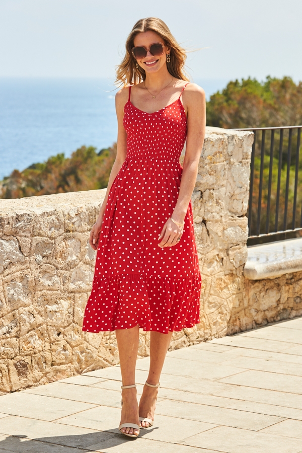 Red & White Spot Print Tiered Midi Dress