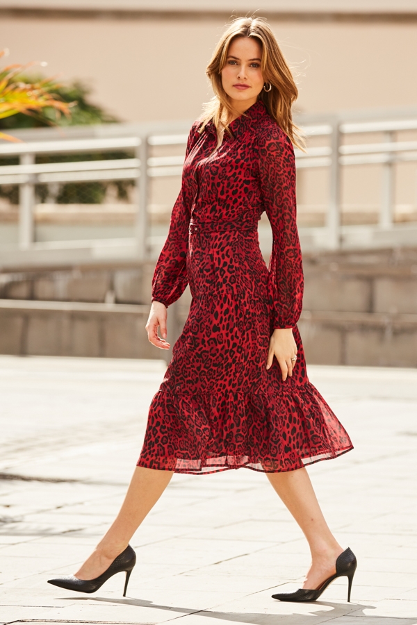 Red Black Leopard Print Tiered Midi Shirt Dress