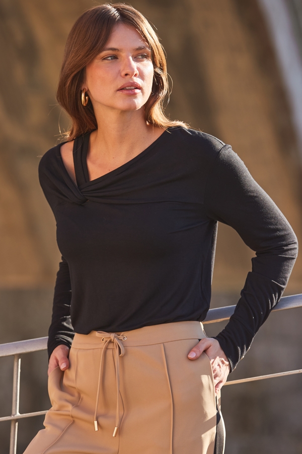 Black Asymmetric Neck Detail Jersey Top