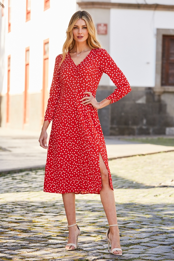 Red & White Spot Print Ruched Front Midi Dress