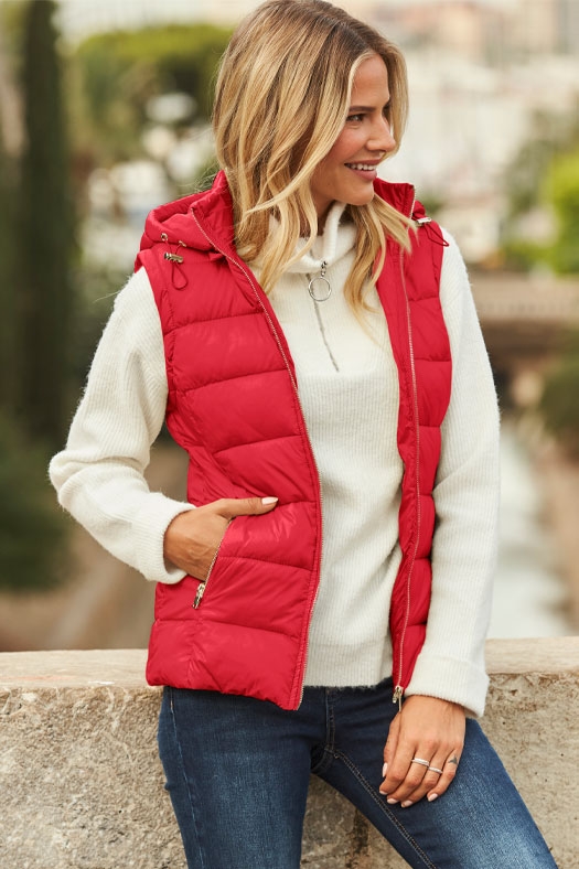 Red Hooded Padded Gilet With Zip Pockets