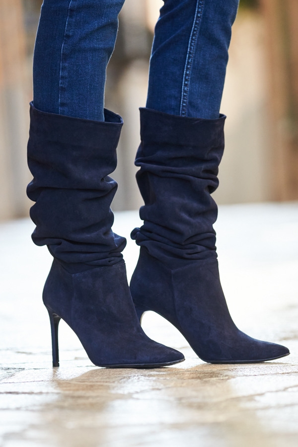 Navy Blue Belle Suede Heeled Slouch High Leg Boot