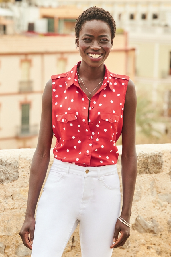 Red White Spot Print Sleeveless Utility Shirt