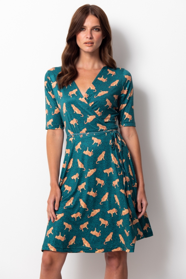 Green Jaguar Print Faux Wrap Jersey Dress