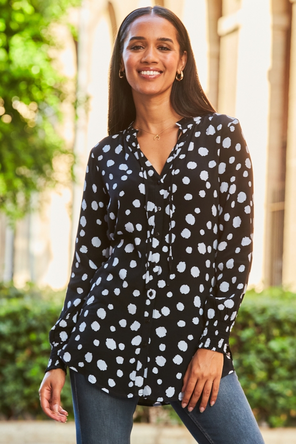 Black & Blue Spot Print Tie Neck Blouse