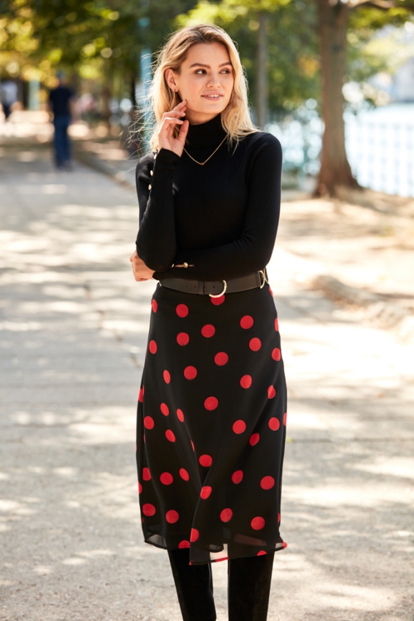 Black & Red Spot Print Midi Skirt