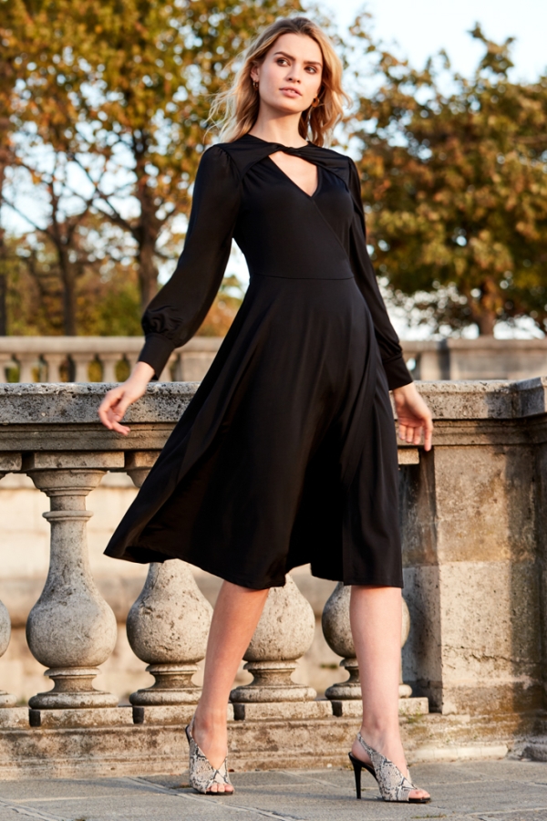 Black Twist Neck Wrap Front Jersey Dress