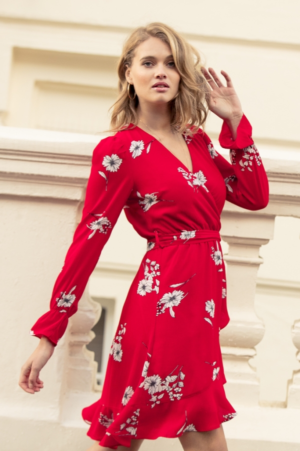 Red & White Floral Faux Wrap Dress