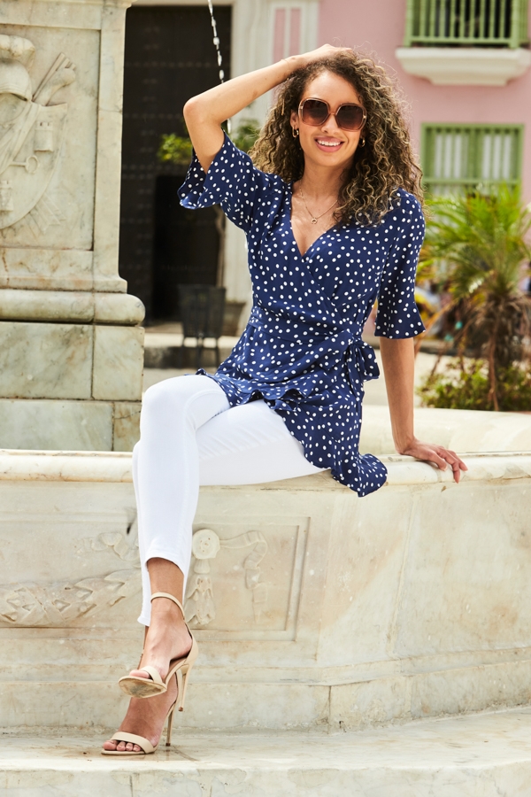 Navy Blue & White Spot Print Ruffle Detail Wrap Top