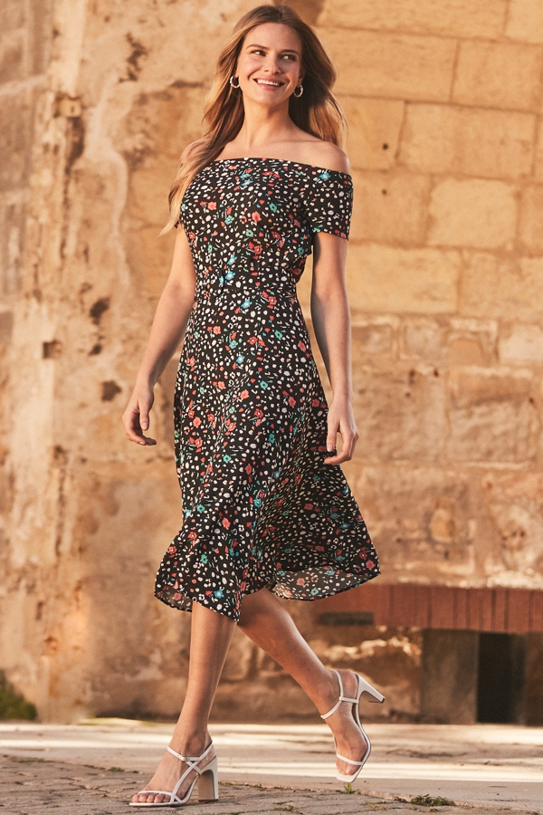 Black Ditsy Floral Print Belted Bardot Dress