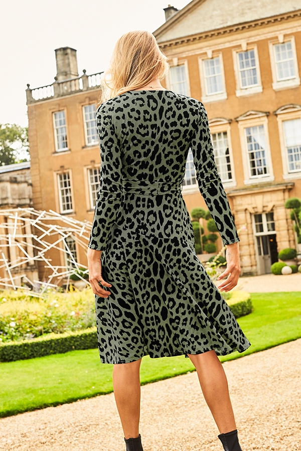 Khaki Green Black Animal Print Faux Wrap Midi Jersey Dress