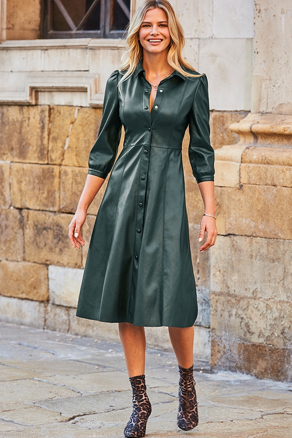 Green Faux Leather Popper Front Shirt Dress