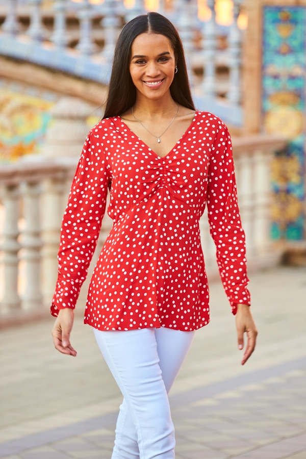 Red & White Spot Print Ruched Front Top