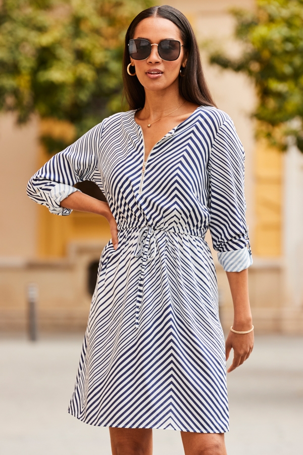 Blue & White Geometric Print Tie Waist Dress