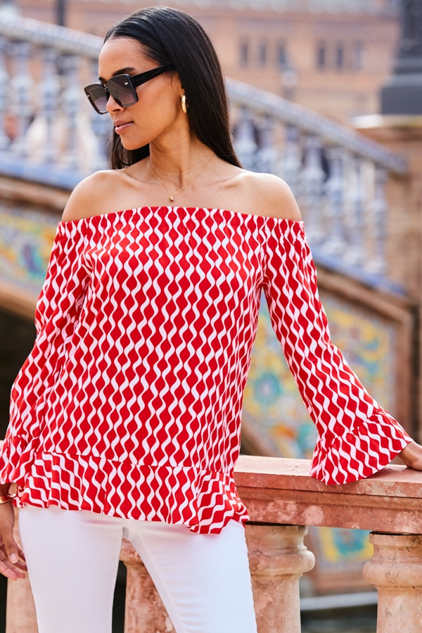 Red Geometric Print Bardot Ruffle Detail Top