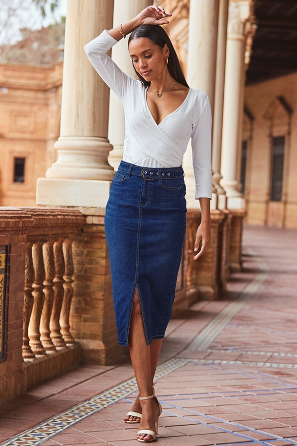 Dark Indigo Denim Buckle Detail Midi Skirt