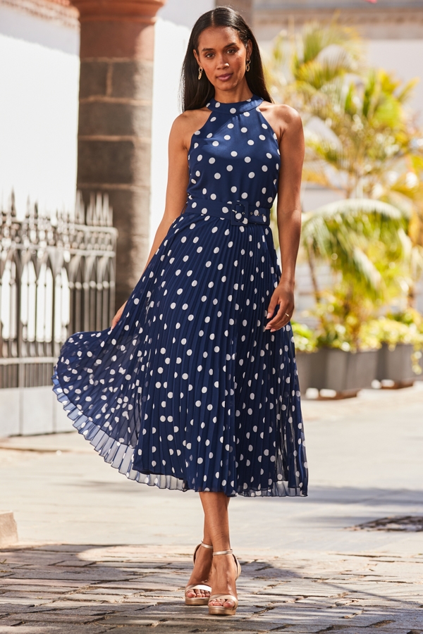 Navy Blue & White Spot Print Pleated Halter Neck Dress