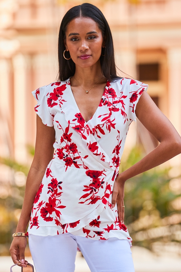 Ivory & Red Floral Print Ruffle Faux Wrap Jersey Top