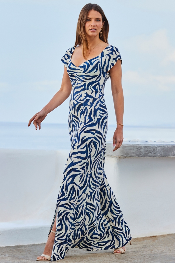 Navy Blue Animal Print Split Detail Maxi Jersey Dress