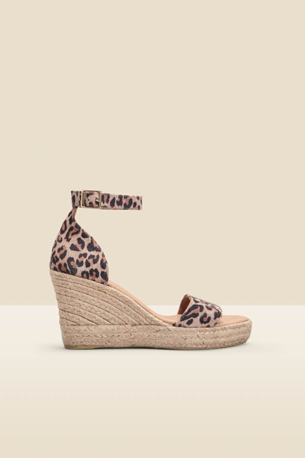 Mila Leopard Print Suede Ankle Strap High Wedge Espadrille