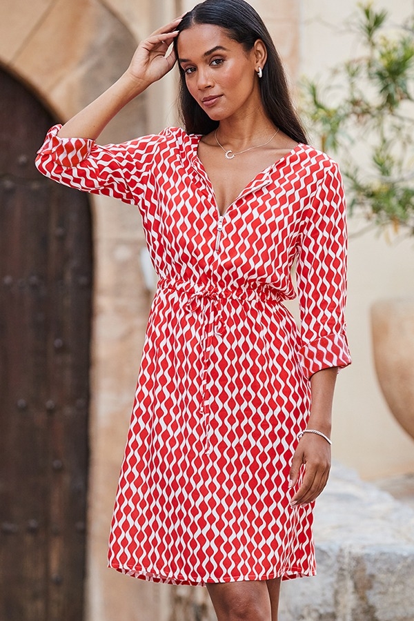 Red Geometric Print Tie Waist Dress